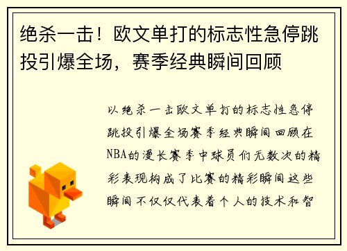 绝杀一击！欧文单打的标志性急停跳投引爆全场，赛季经典瞬间回顾