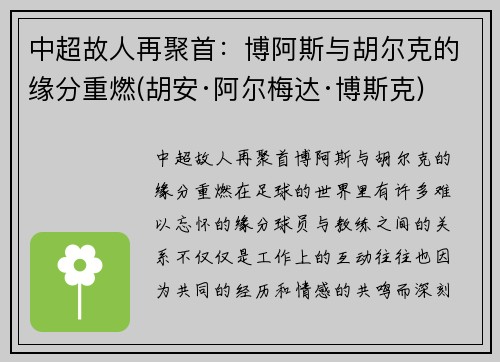 中超故人再聚首：博阿斯与胡尔克的缘分重燃(胡安·阿尔梅达·博斯克)