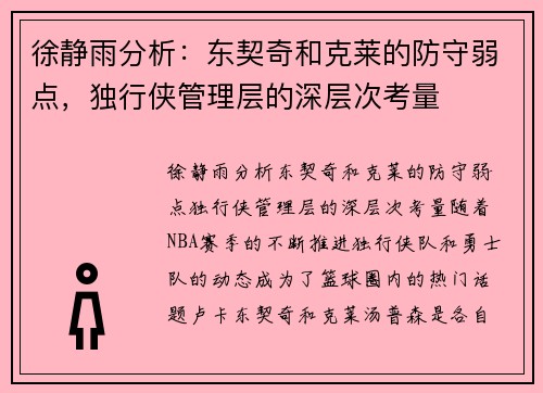 徐静雨分析：东契奇和克莱的防守弱点，独行侠管理层的深层次考量